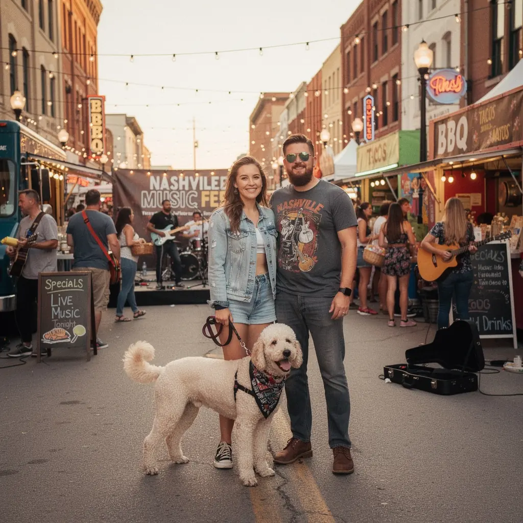 Собака, гуляющая по зеленому парку с хозяином под ярким солнцем.