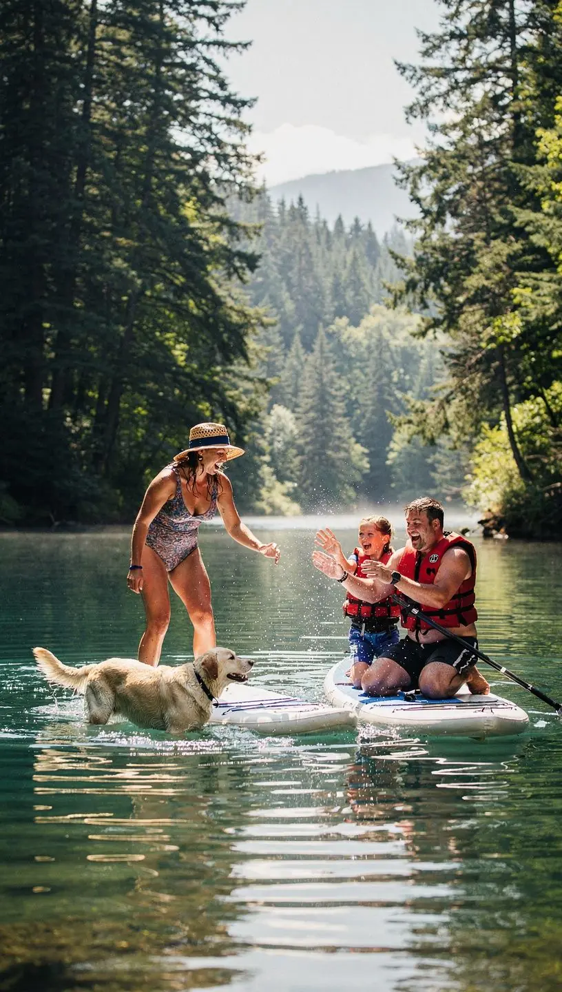 Счастливая семья путешествует с питомцем на заднем сиденье автомобиля.